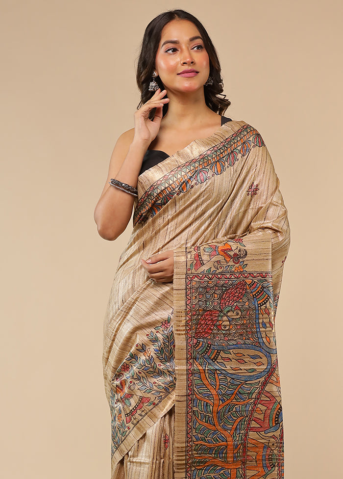 Cream Handloom Tussar Pure Silk Saree With Blouse Piece