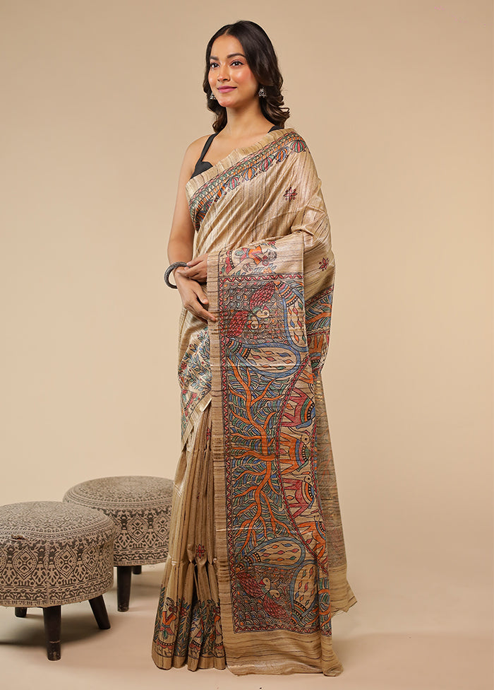 Cream Handloom Tussar Pure Silk Saree With Blouse Piece