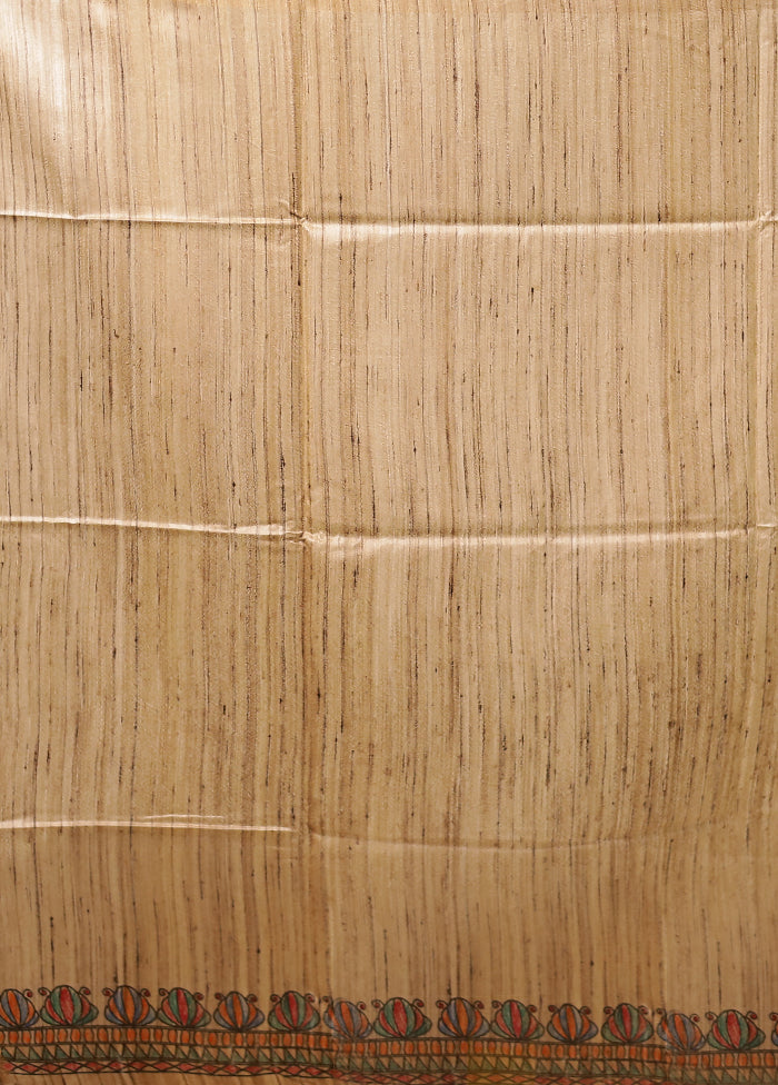 Cream Handloom Tussar Pure Silk Saree With Blouse Piece
