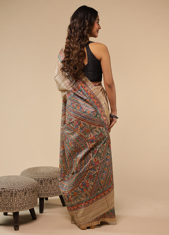 Cream Handloom Tussar Pure Silk Saree With Blouse Piece