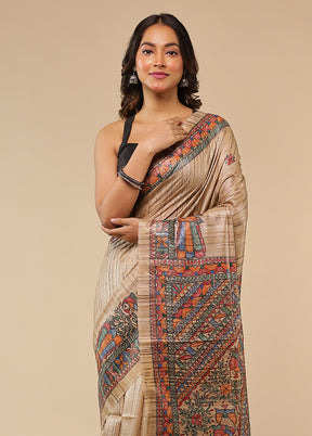 Cream Handloom Tussar Pure Silk Saree With Blouse Piece