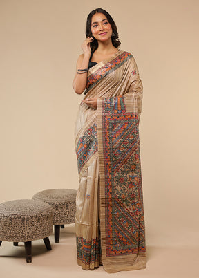Cream Handloom Tussar Pure Silk Saree With Blouse Piece