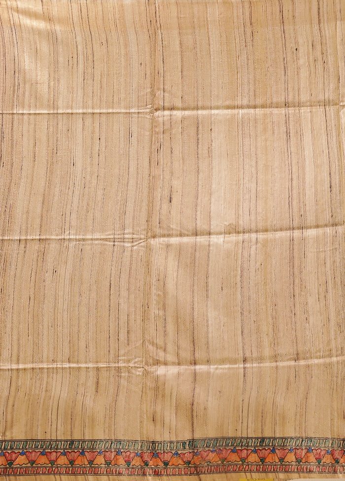Cream Handloom Tussar Pure Silk Saree With Blouse Piece