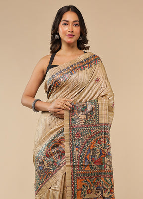 Cream Handloom Tussar Pure Silk Saree With Blouse Piece
