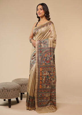 Cream Handloom Tussar Pure Silk Saree With Blouse Piece