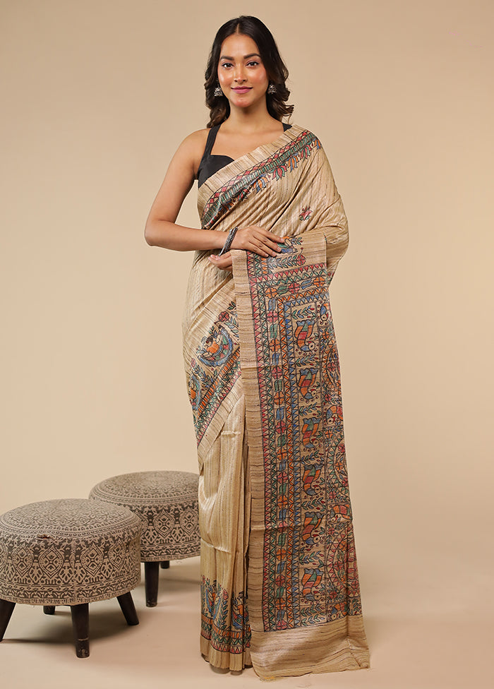 Cream Handloom Tussar Pure Silk Saree With Blouse Piece