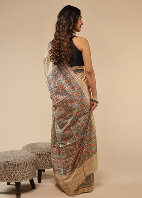 Cream Handloom Tussar Pure Silk Saree With Blouse Piece