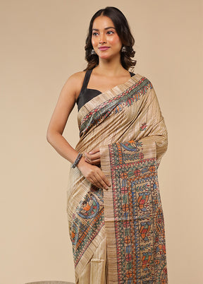 Cream Handloom Tussar Pure Silk Saree With Blouse Piece