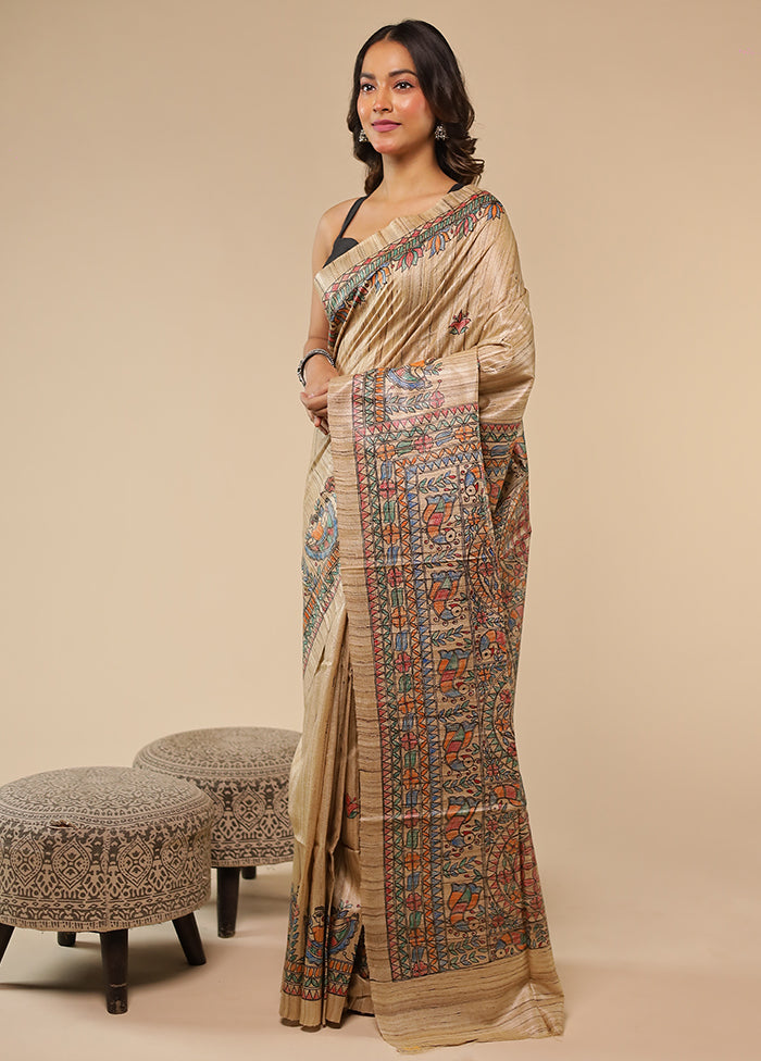 Cream Handloom Tussar Pure Silk Saree With Blouse Piece