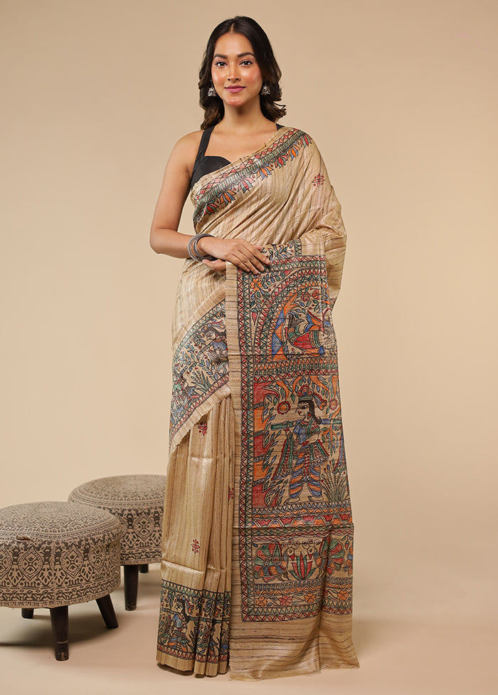 Cream Handloom Tussar Pure Silk Saree With Blouse Piece