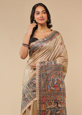 Cream Handloom Tussar Pure Silk Saree With Blouse Piece
