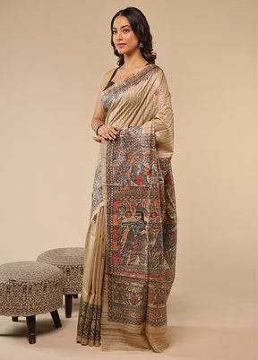 Cream Handloom Tussar Pure Silk Saree With Blouse Piece