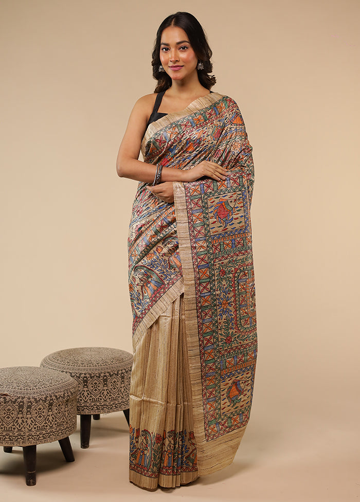 Cream Handloom Tussar Pure Silk Saree With Blouse Piece