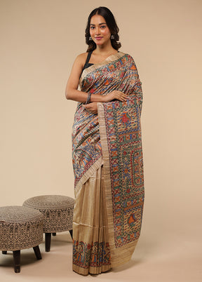 Cream Handloom Tussar Pure Silk Saree With Blouse Piece