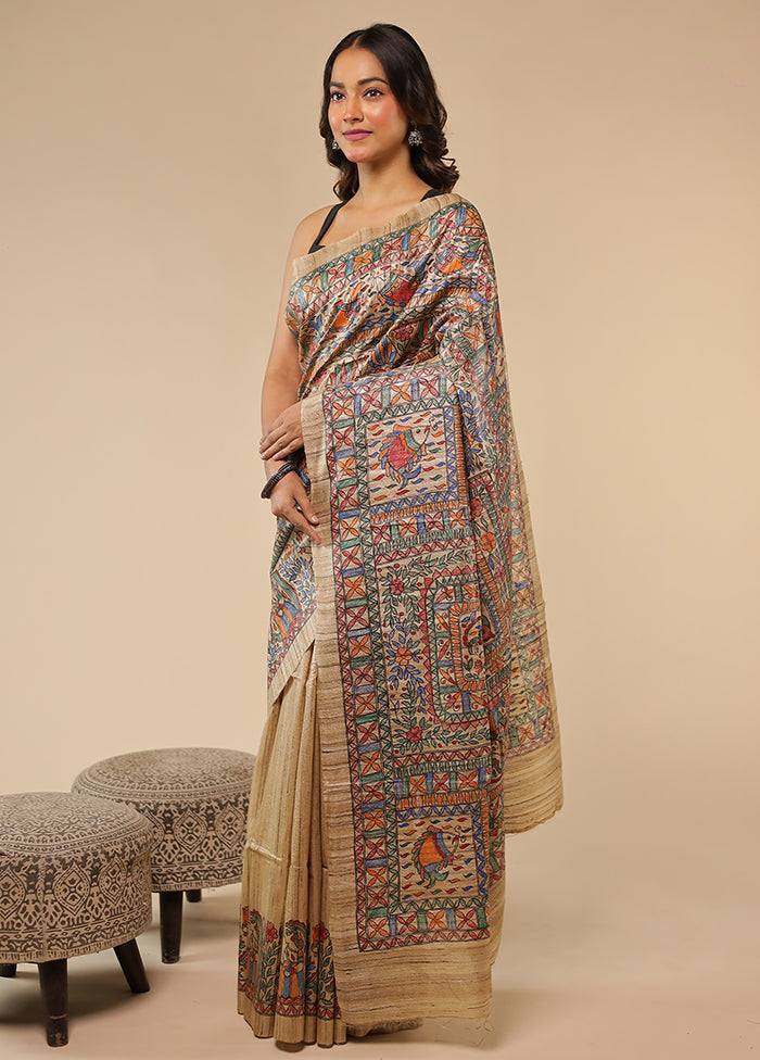 Cream Handloom Tussar Pure Silk Saree With Blouse Piece