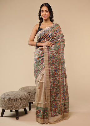 Cream Handloom Tussar Pure Silk Saree With Blouse Piece