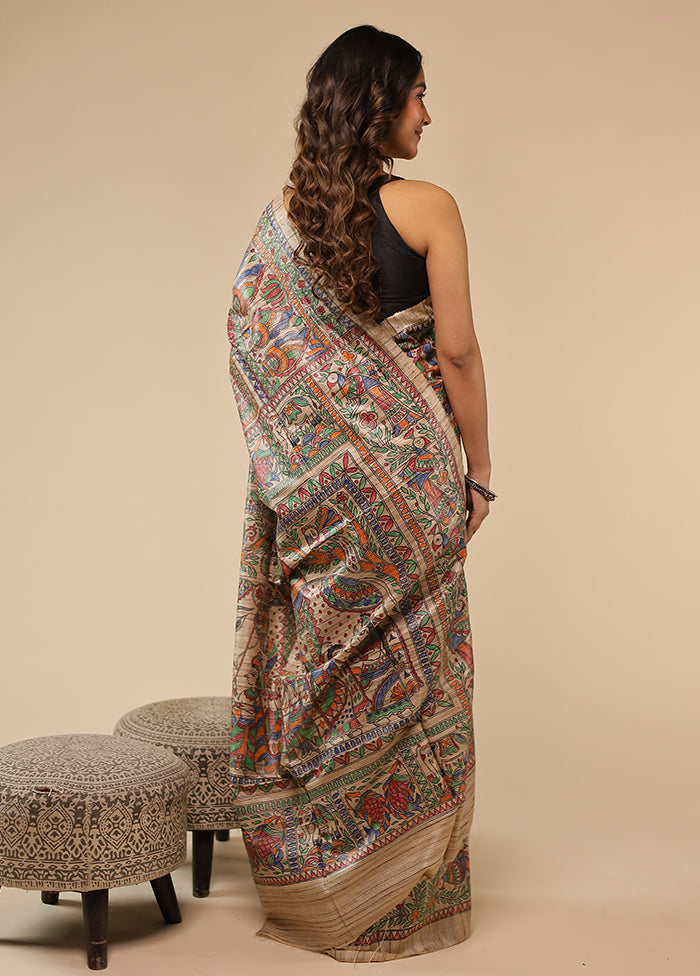 Cream Handloom Tussar Pure Silk Saree With Blouse Piece