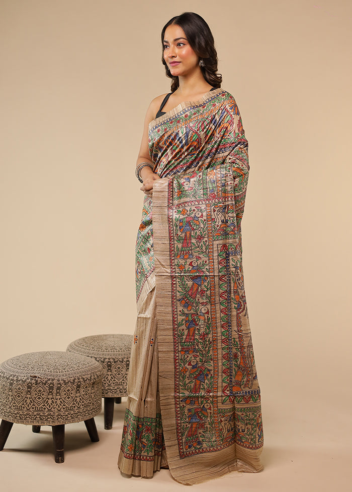 Cream Handloom Tussar Pure Silk Saree With Blouse Piece