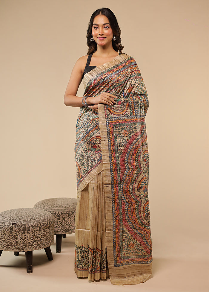Cream Handloom Tussar Pure Silk Saree With Blouse Piece
