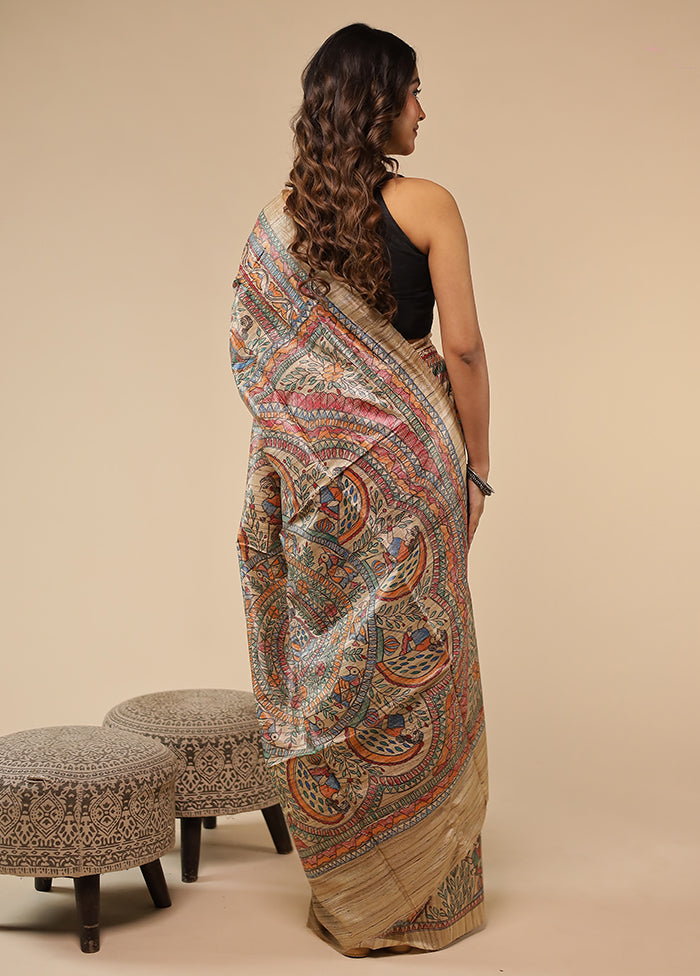 Cream Handloom Tussar Pure Silk Saree With Blouse Piece
