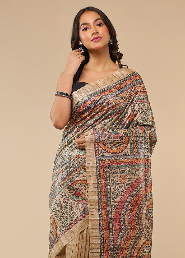 Cream Handloom Tussar Pure Silk Saree With Blouse Piece