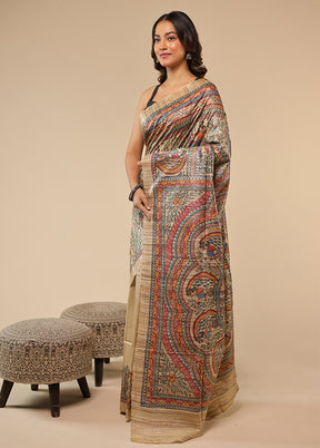 Cream Handloom Tussar Pure Silk Saree With Blouse Piece