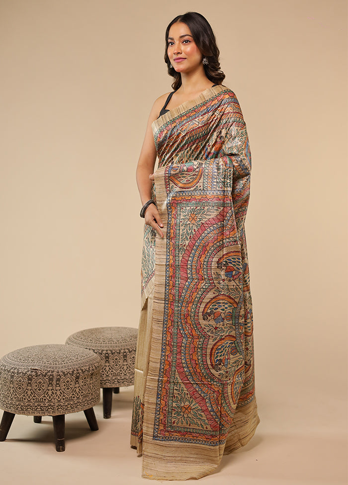 Cream Handloom Tussar Pure Silk Saree With Blouse Piece