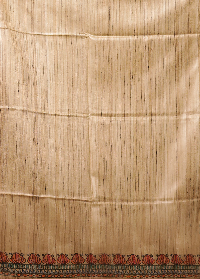 Cream Handloom Tussar Pure Silk Saree With Blouse Piece