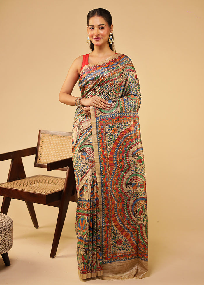 Cream Handloom Tussar Pure Silk Saree With Blouse Piece