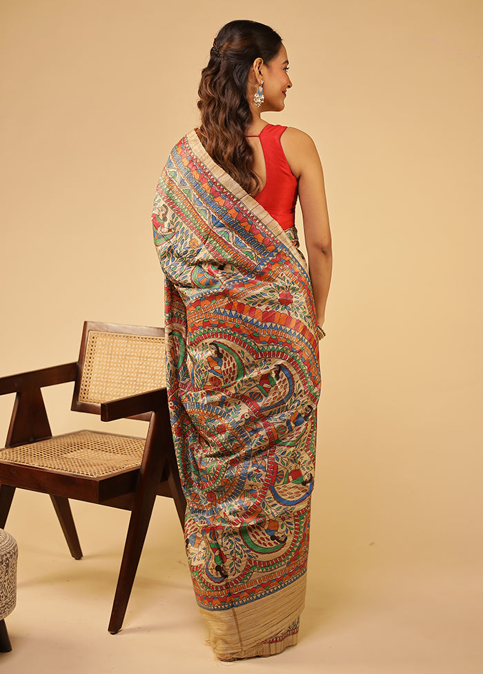 Cream Handloom Tussar Pure Silk Saree With Blouse Piece