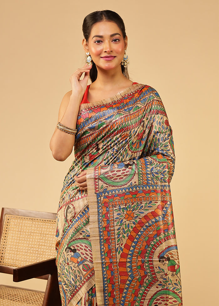 Cream Handloom Tussar Pure Silk Saree With Blouse Piece