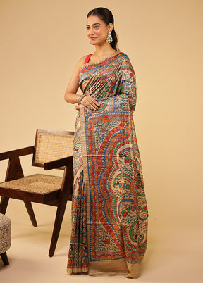 Cream Handloom Tussar Pure Silk Saree With Blouse Piece