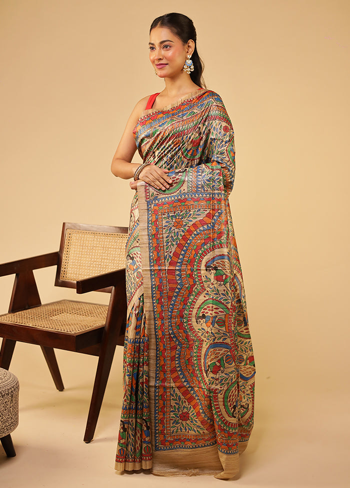 Cream Handloom Tussar Pure Silk Saree With Blouse Piece