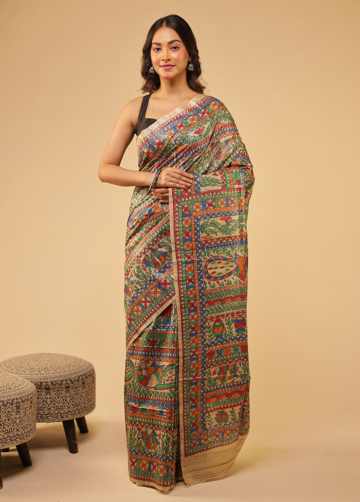 Cream Handloom Tussar Pure Silk Saree With Blouse Piece