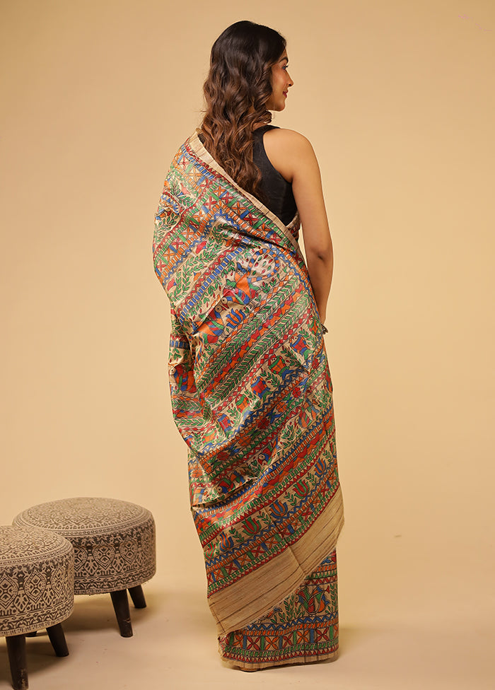 Cream Handloom Tussar Pure Silk Saree With Blouse Piece