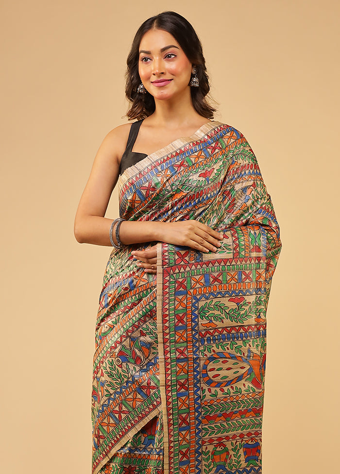 Cream Handloom Tussar Pure Silk Saree With Blouse Piece