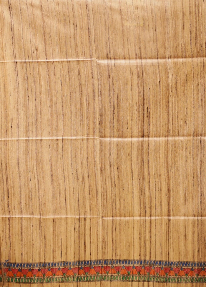 Cream Handloom Tussar Pure Silk Saree With Blouse Piece