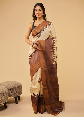 Cream Tussar Silk Saree With Blouse Piece