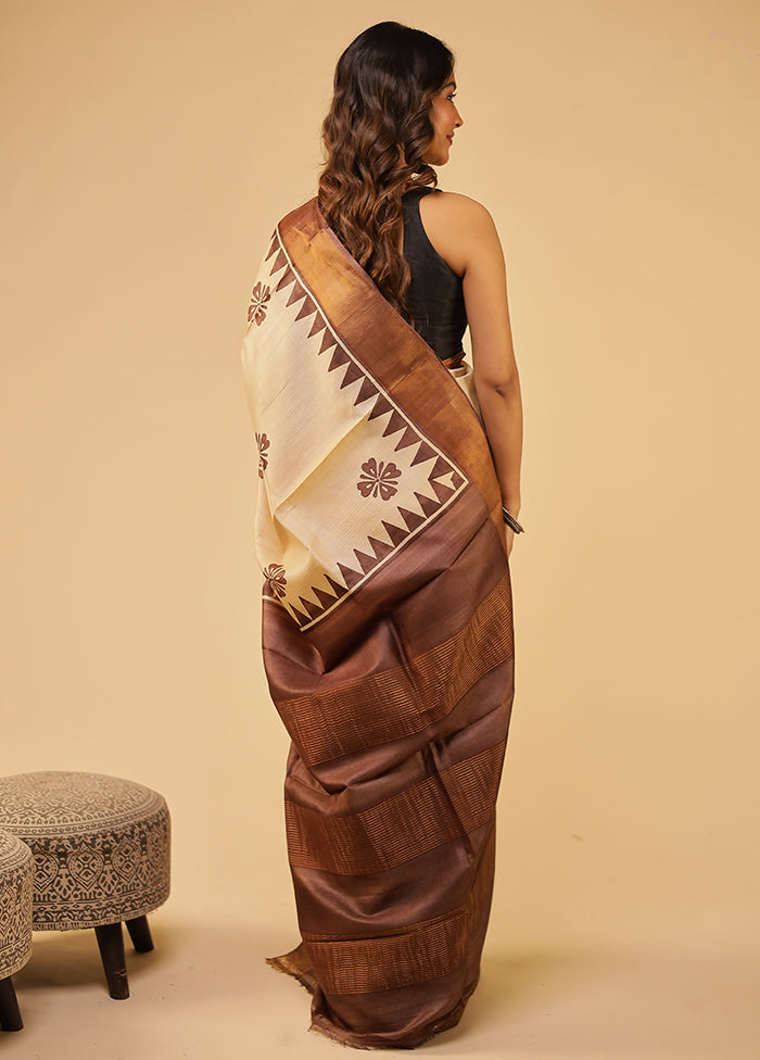 Cream Tussar Silk Saree With Blouse Piece
