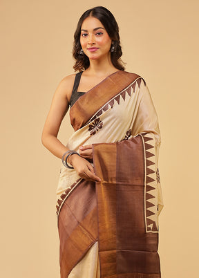 Cream Tussar Silk Saree With Blouse Piece