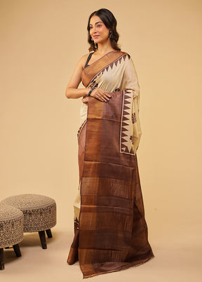 Cream Tussar Silk Saree With Blouse Piece
