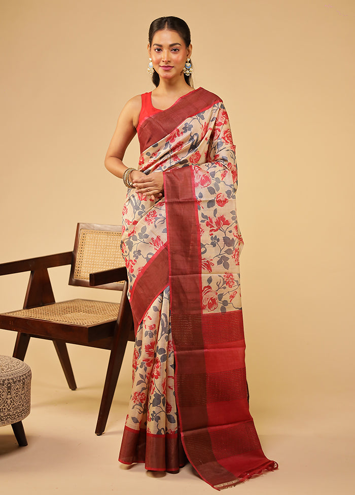 Cream Tussar Silk Saree With Blouse Piece