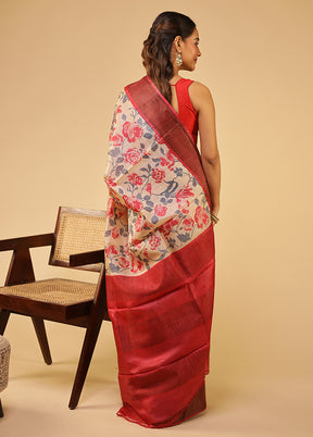 Cream Tussar Silk Saree With Blouse Piece