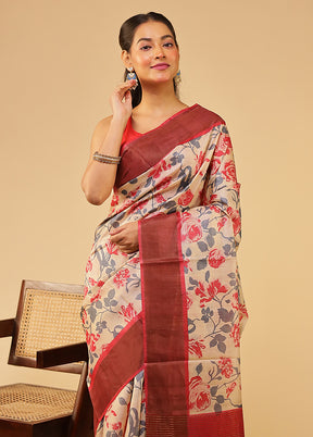 Cream Tussar Silk Saree With Blouse Piece