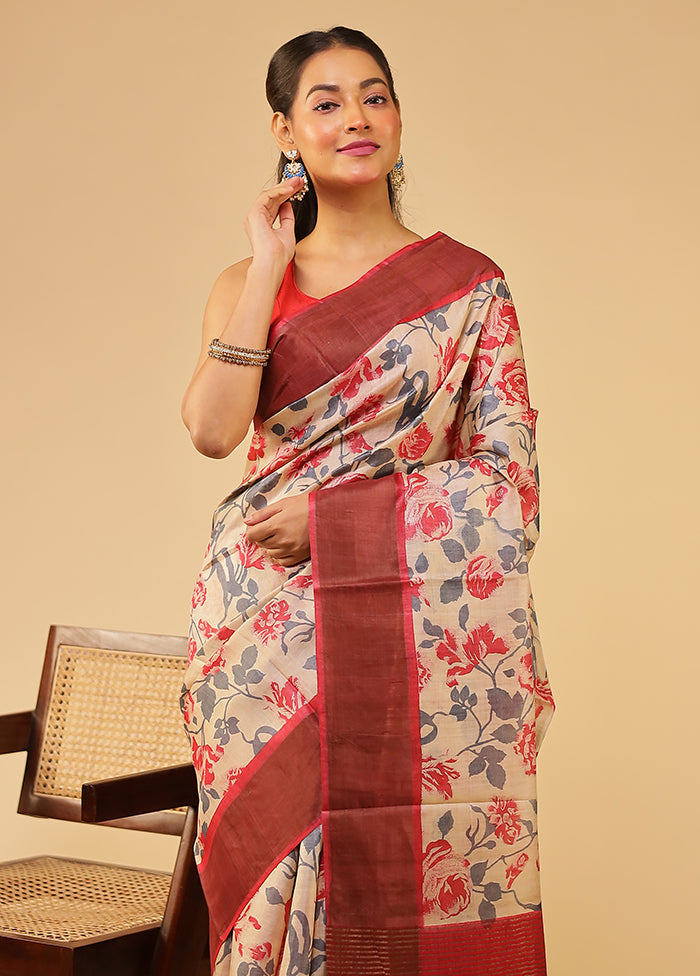 Cream Tussar Silk Saree With Blouse Piece