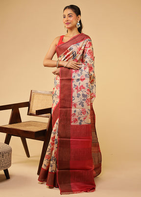 Cream Tussar Silk Saree With Blouse Piece