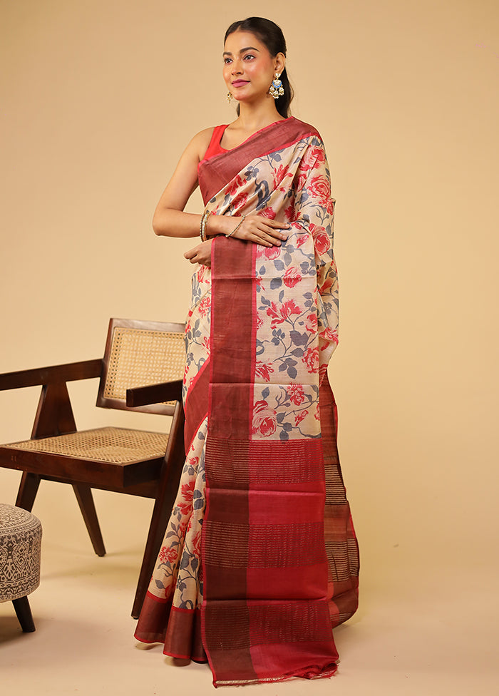Cream Tussar Silk Saree With Blouse Piece
