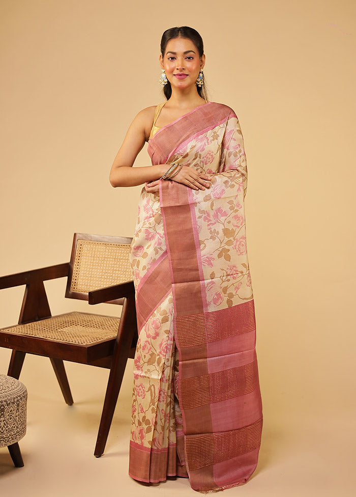 Cream Tussar Silk Saree With Blouse Piece