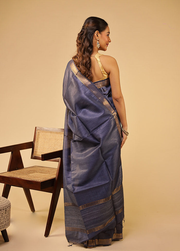 Blue Tussar Silk Saree With Blouse Piece