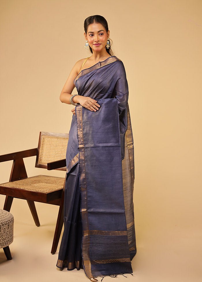 Blue Tussar Silk Saree With Blouse Piece